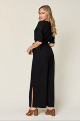 Double Take Full Size V-Neck Tied Side Slit Jumpsuit OutfitFlow